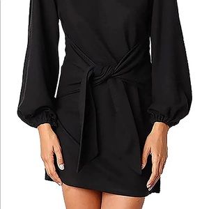 Lantern Sleeve Short Dress Crewneck Tie Waist Knit Cocktail Dress, BLK XL